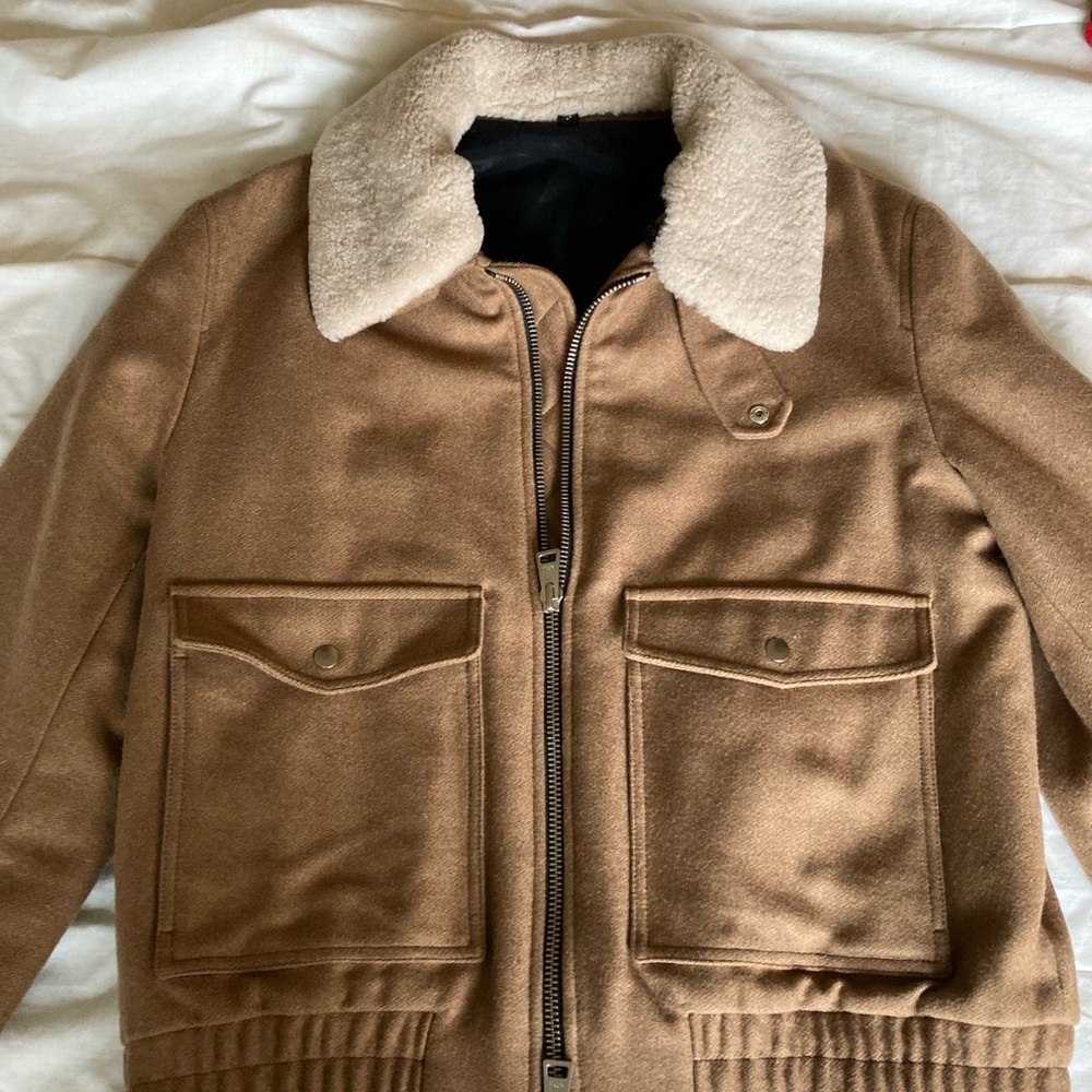 Brown Shearling Collar Bomber Jacket - image 1
